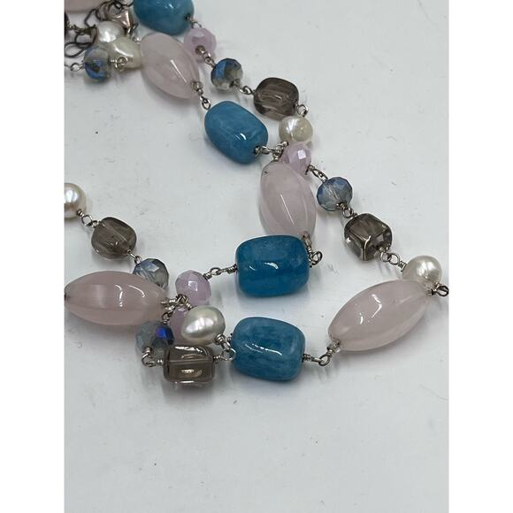 Handmade Sterling 925 Pink Blue Quartz Freshwater Pearl Double Strand Necklace - Picture 12 of 13